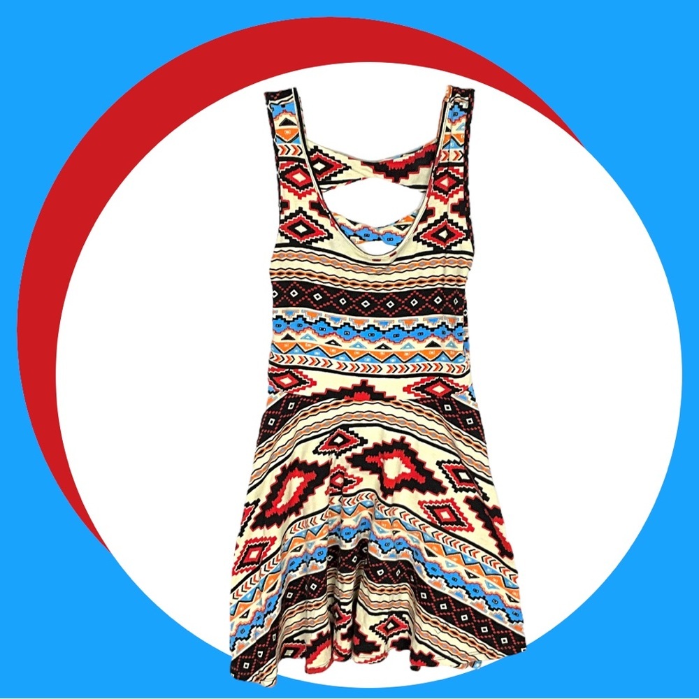 Banana Lemon Multicolor Aztec Geometric Design Halter Dress w Back Cutouts Jrs M